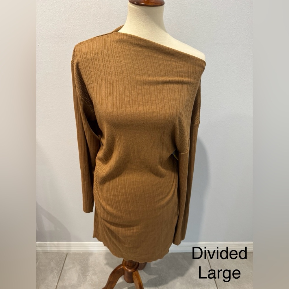 Divided Tan Ribbed Asymmetrical Top